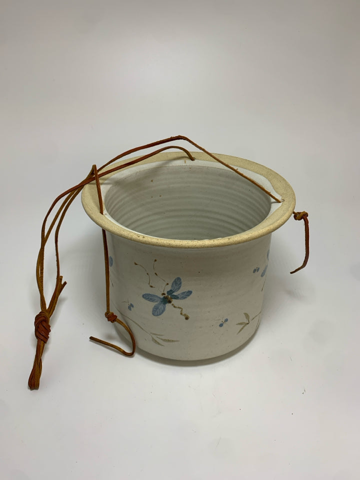 DRAGONFLY PAINTED HANGING STONEWARE PLANTER.