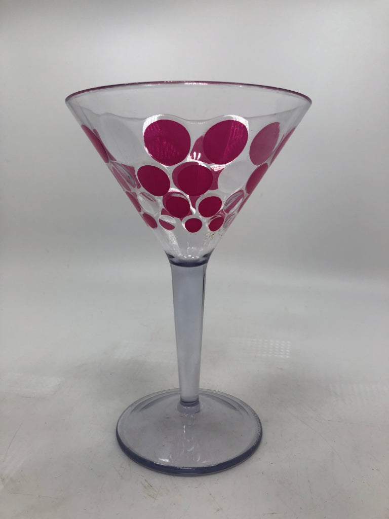 4 PLASTIC MARTINI GLASSES W/COLORFUL POLKA DOTS.
