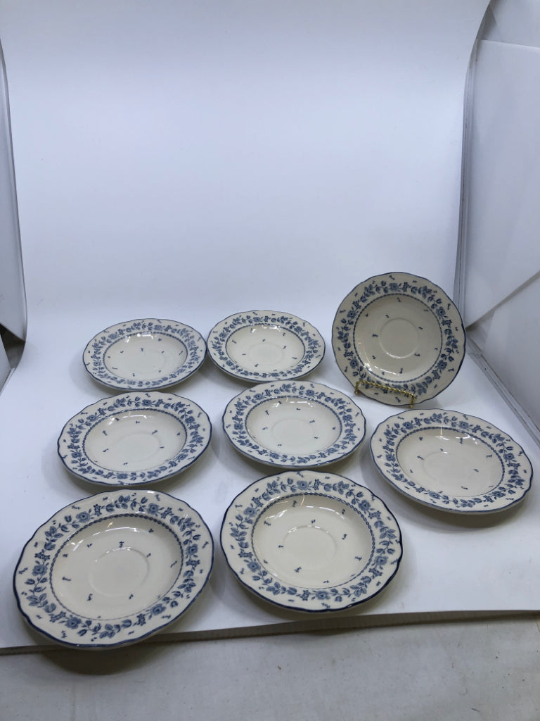8 WHITE & BLUE FLORAL CAKE PLATES.