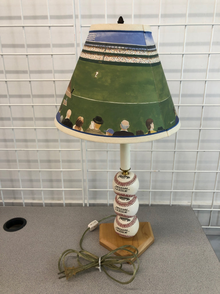 STACKED BASEBALL LAMP W/PAINTED SHADE.