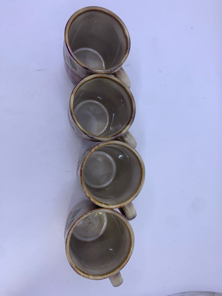 4 TAN CERAMIC EMBOSSED APPLES MUGS.
