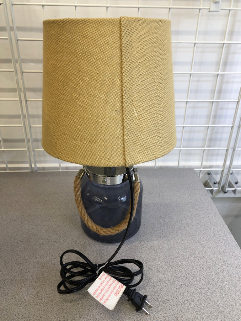 BLUE GLASS LAMP W/ROPE & BURLAP STYLE SHADE.