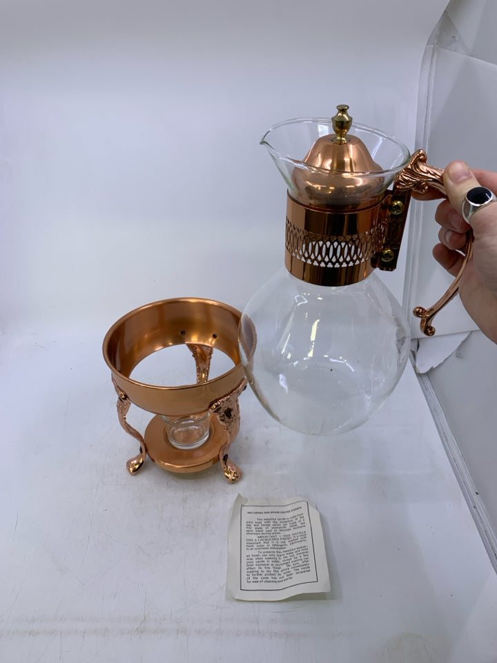 VTG GLASS + COPPER COFFEE POT WITH WARMING STAND.