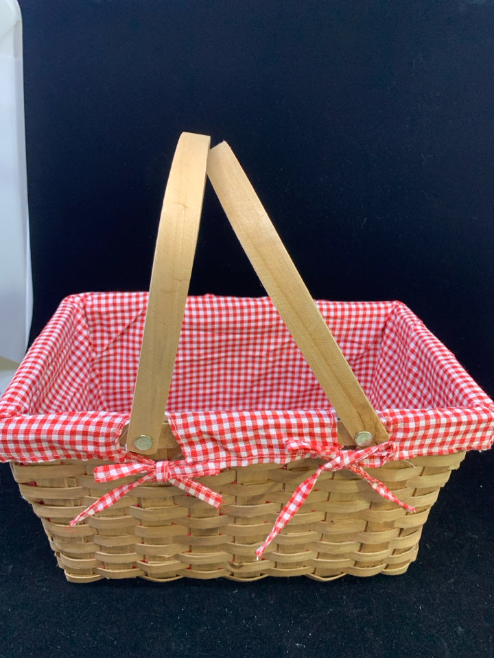 WOVEN BASKET W/RED CHECKER LINER 2 HANDLES.