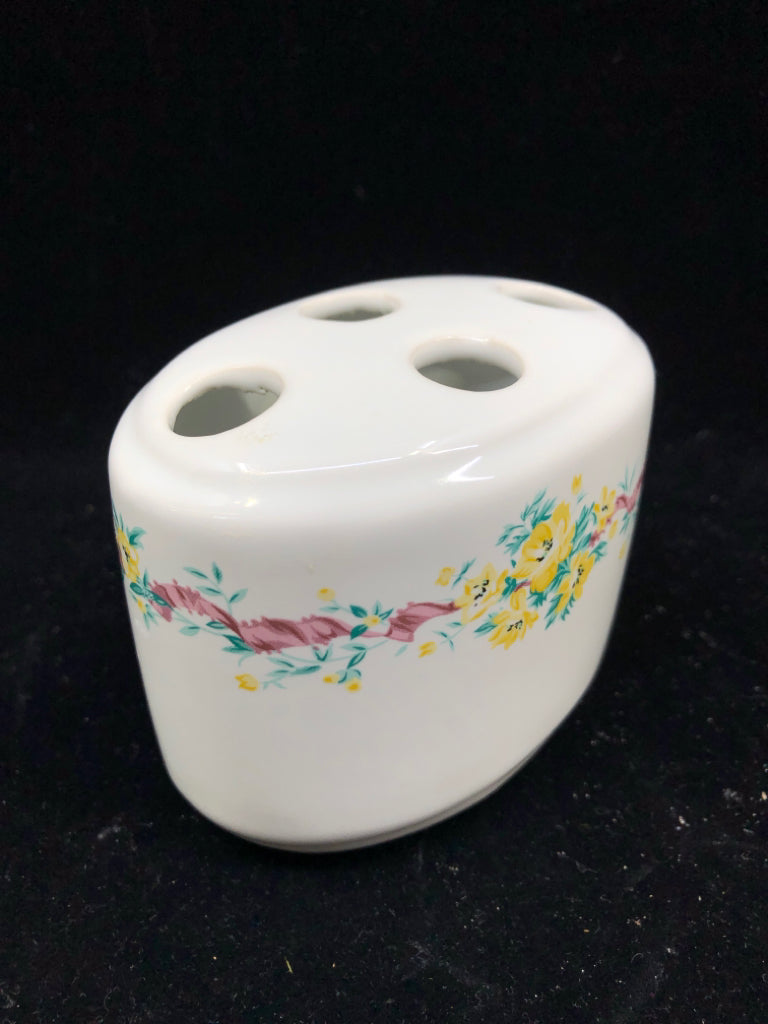 2 PC VTG YELLOW FLORAL TOOTHBRUSH HOLDER AND CUP.