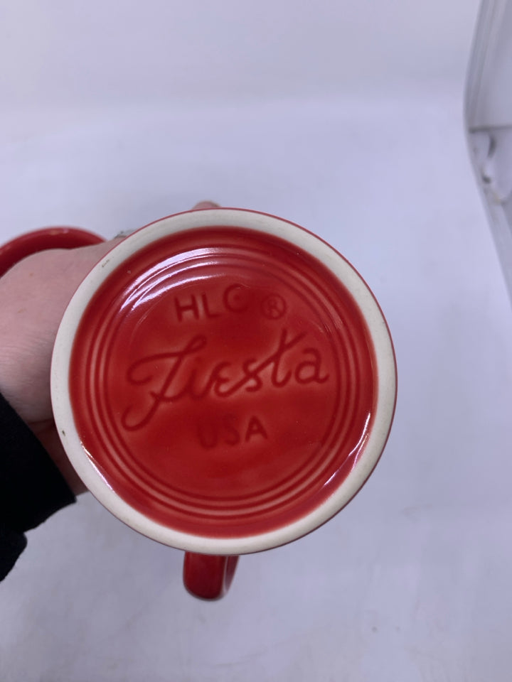 2 RED O-RING HANDLE MUGS.