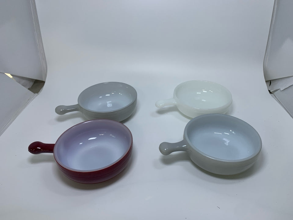 4 VTG FRENCH ONION SOUP CROCKS W/ HANDLES.