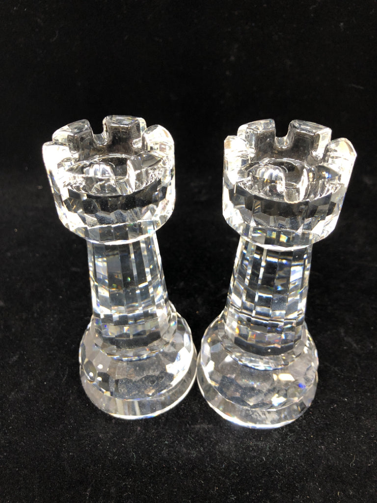 2PC CRYSTAL CASTLE CANDLESTICK HOLDERS.