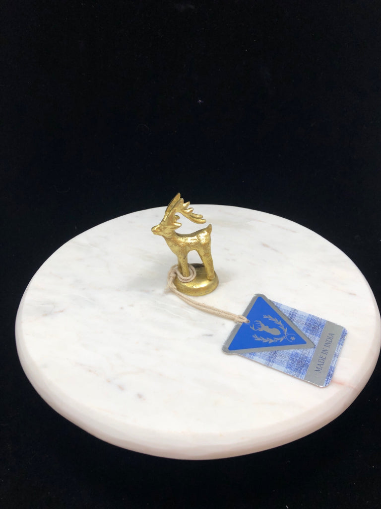 HEAVY MARBLE DESSERT TRAY W/GOLD BASE AND REINDEER TOPPER.