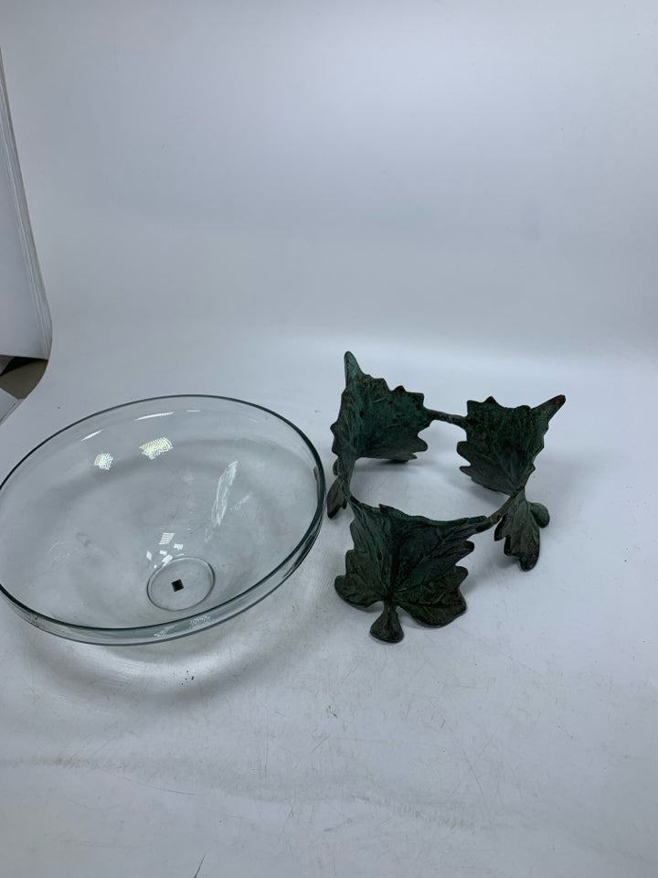 2 PIECE HEAVY METAL LEAF STAND W/ GLASS BOWL INSERT.