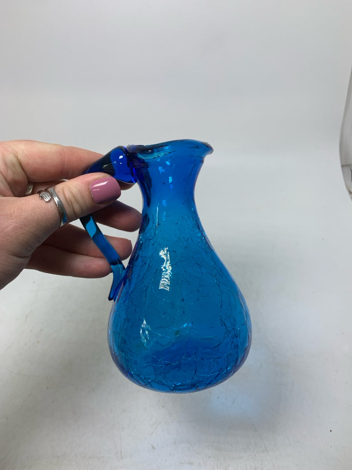 BLUE CRACKLE GLASS PITCHER.