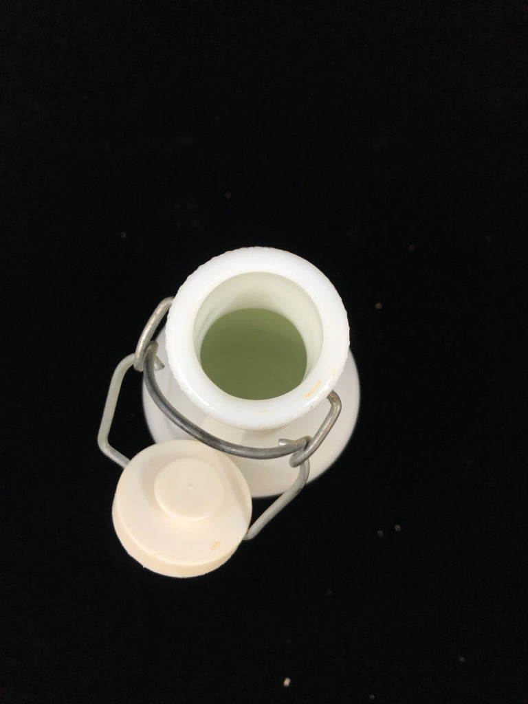 VTG WHITE MILK BOTTLE PAINTED ORCHARD W/STOPPER.