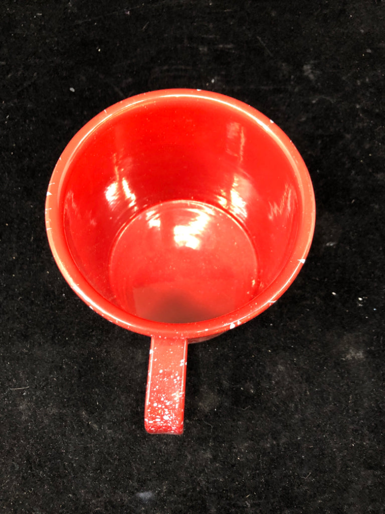 RED TIN MUG W/WHITE SPECKLES.