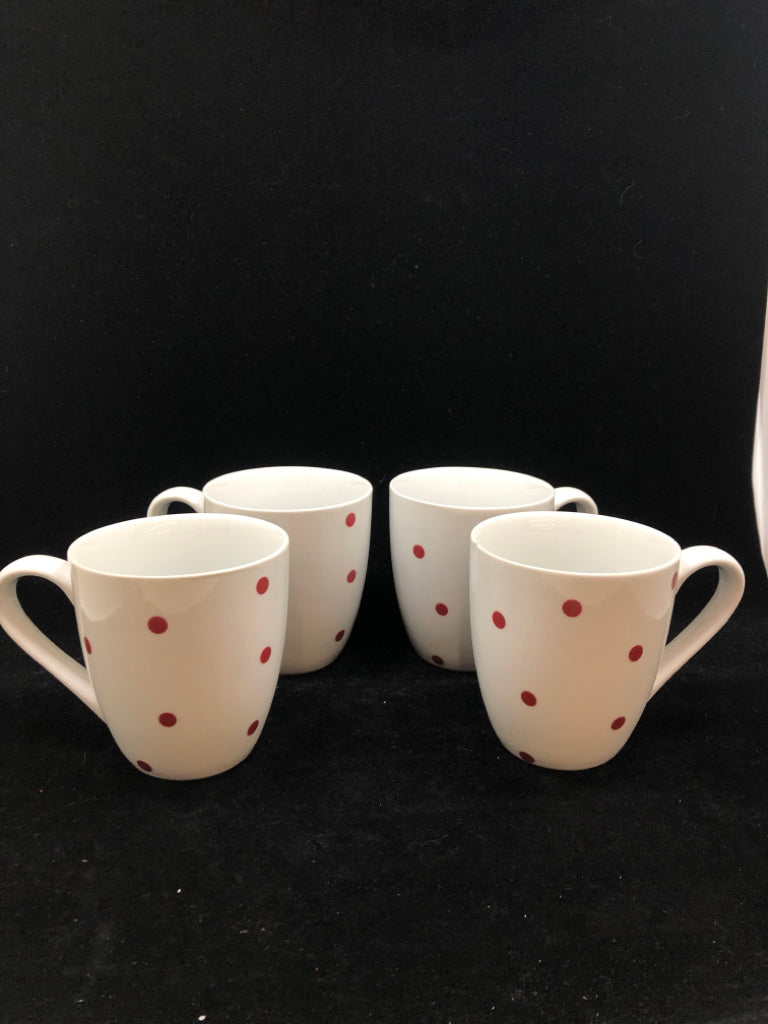 4 WHITE W/ RED POLKA DOT MUGS.