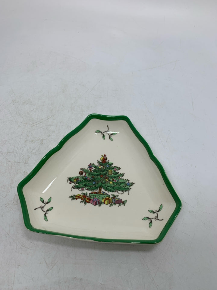 VTG SPODE CHRISTMAS TREE TRIANGLE TRINKET BOWL PORCELAIN.