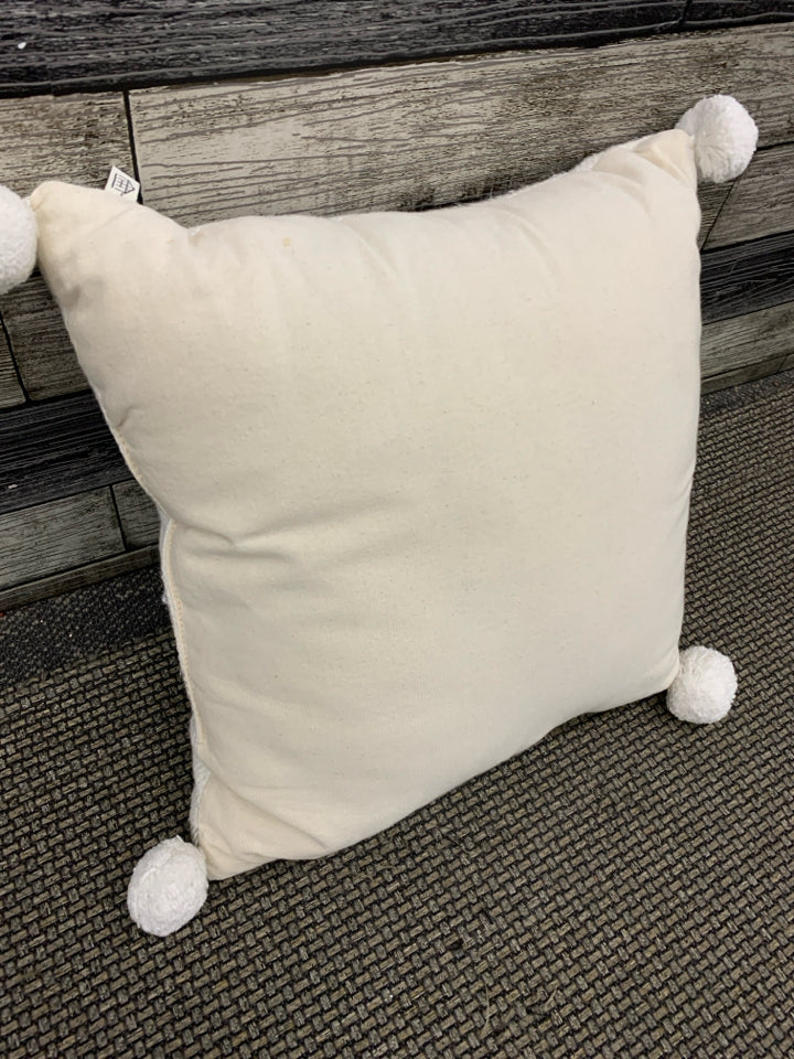GREY STRIPED PILLOW W POMPOMS.