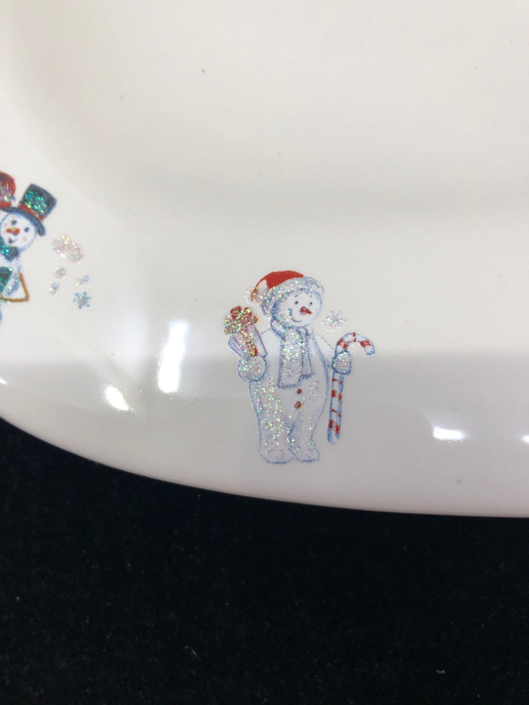 WHITE RECTANGLE GLITTER SNOWMAN SERVING PLATTER.