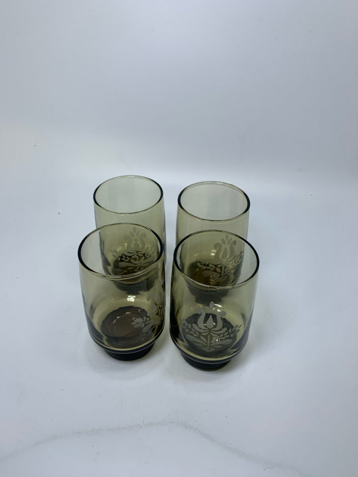 4 VTG FOOTED "VILLAGE" SMOKEY BROWN GLASSES.