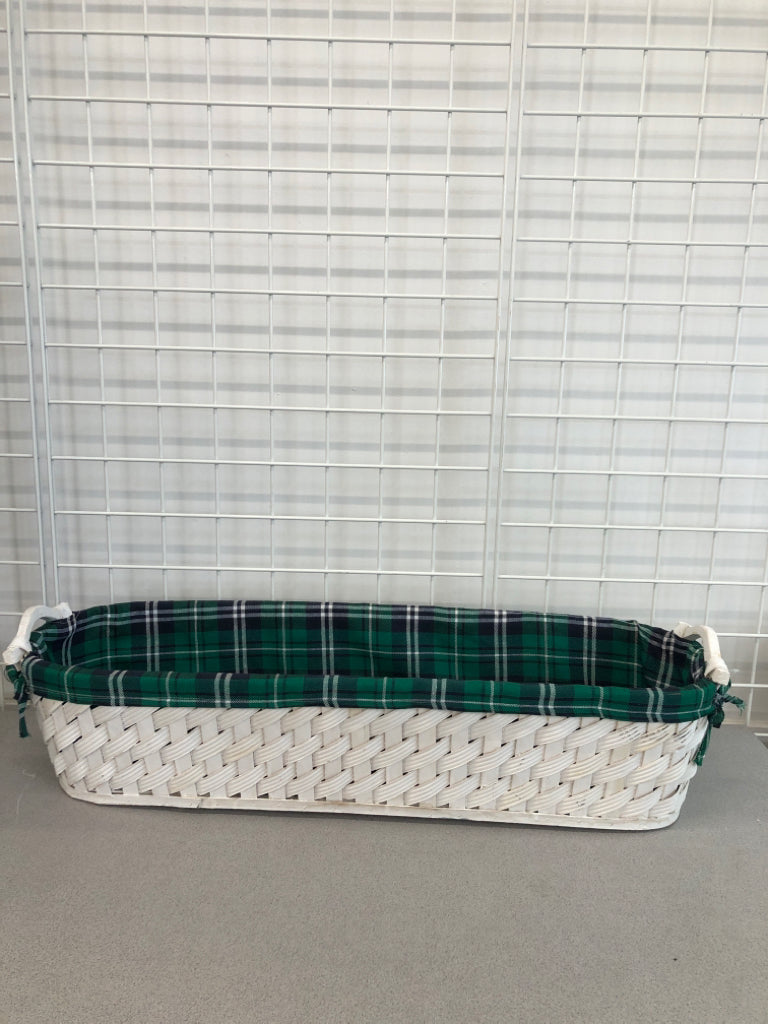 LONG RECTANGLE WHITE WOVEN WICKER BASKET GREEN/NAVY PLAID FABRIC.