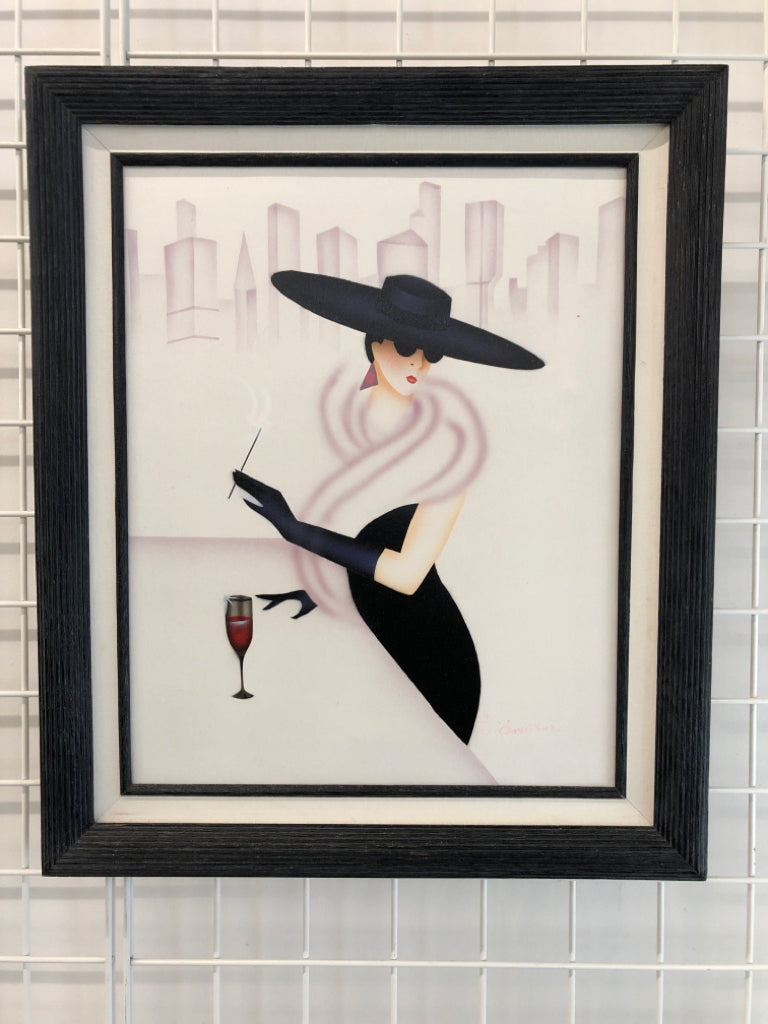 FANCY WOMAN PAINTING IN BLUE WOOD FRAME.