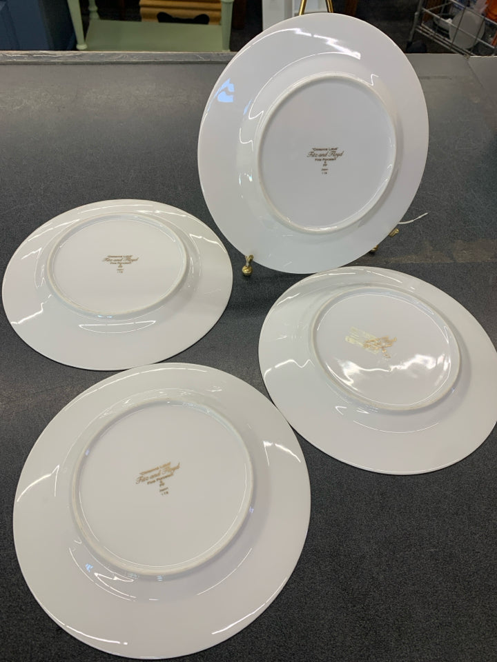 4 FLORAL DESSERT PLATES W GOLD ACCENTS.