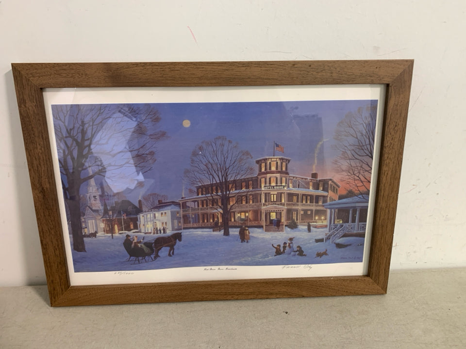 A PRINT OF CHILDREN BUILDING A SNOWMAN "HOTEL BARRE" BY FRANK BLY WALL ART.