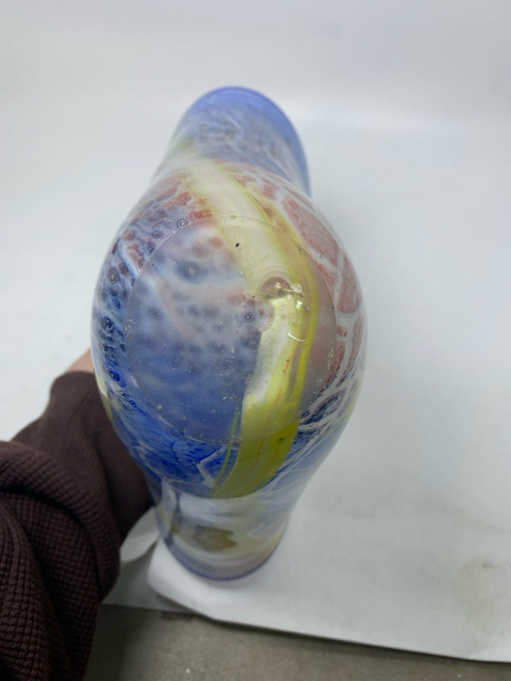 HEAVY COLORFUL BLOWN GLASS VASE.