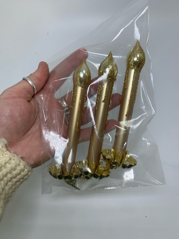 3 VTG GOLD CANDLES CLIP ON GLASS ORNAMENTS IN BAG.