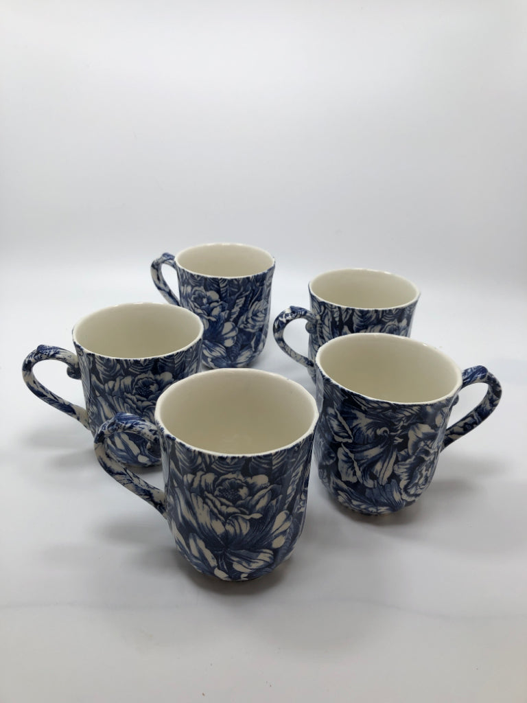 5 BLUE & WHITE FLORAL PATTERN MUGS- ENGLAND.