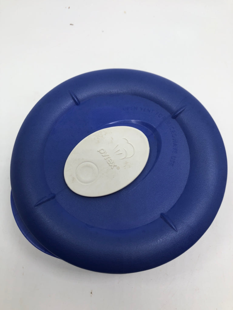 GLASS DISH W/BLUE VENT LID.