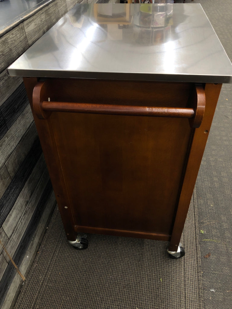 WOOD CART W/STAINLESS STEEL TOP, DRAWER AND CABINET ON WHEELS.