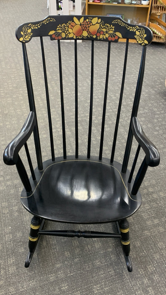 VTG BLACK ROCKING CHAIR W/PAINTED FRUITS.