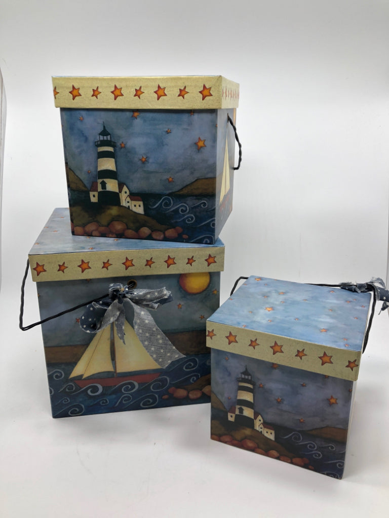 3PC SAILBOAT/LIGHTHOUSE THEMED NESTING BOXES.
