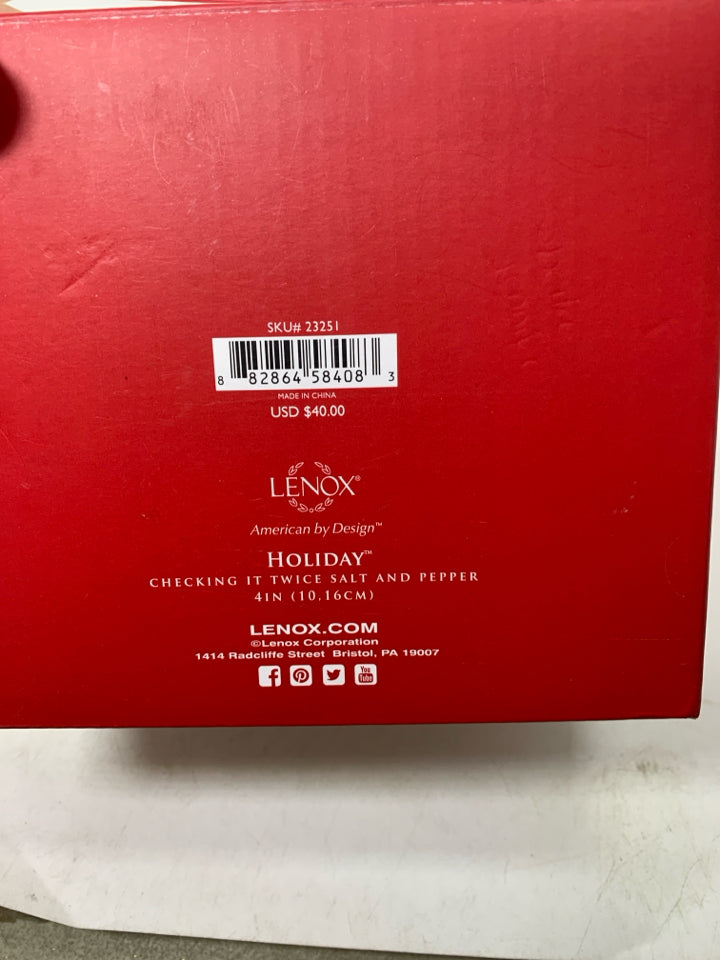 NIB "CHECKING IT TWICE" SALT & PEPPER SHAKERS.