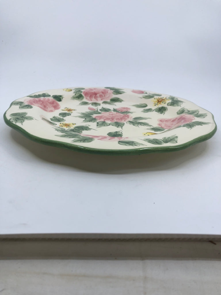 6 GREEN W PINK FLORAL DINNER PLATES.