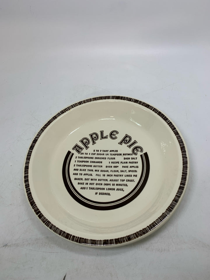 VTG APPLE PIE PLATE W/ RECIPE.
