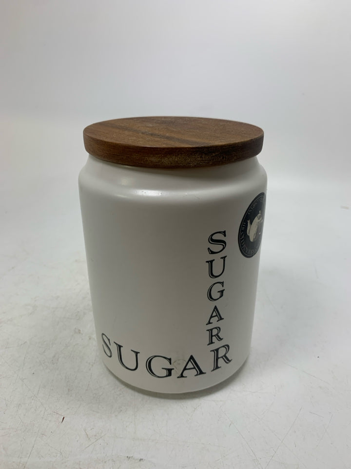 CERAMIC SUGAR CANISTER W/ WOOD LID.