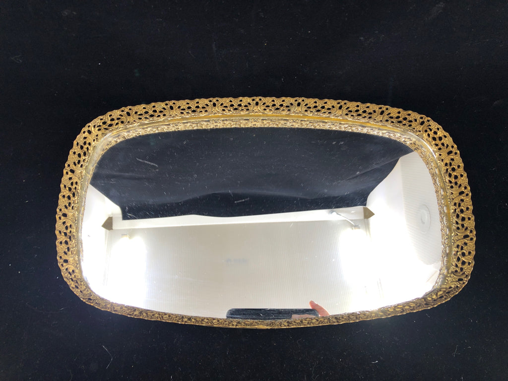 OVAL GOLD FRAMED MIRROR TRAY.