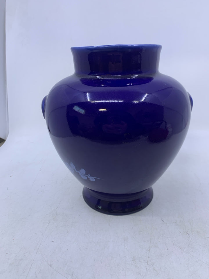 FOOTED COBALT BLUE VASE W/ WHITE CHERRY BLOSSOM BRANCH.