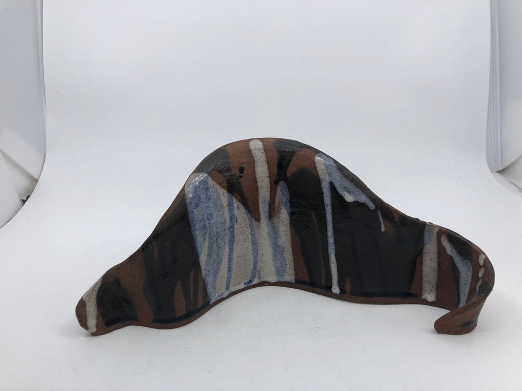 POTTERY FREE FORM INCENSE HOLDER WHITE,BLUE,BLACK DRIP GLAZE.