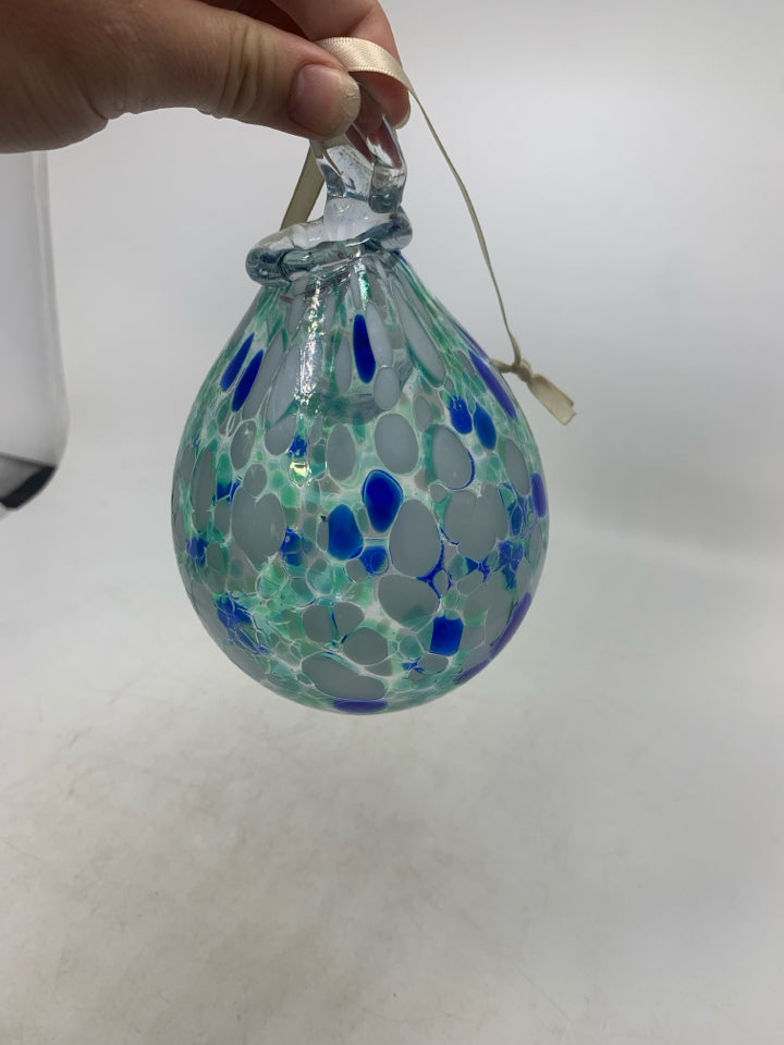 GREEN BLUE WHITE BLOWN GLASS HANGING TEAR DROP ORB.