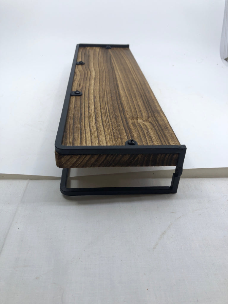 WOOD WALL SHELF W/ BLACK METAL.