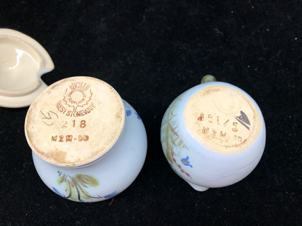 BLUE/GREEN POTTERY PAINTED CREAMER AND SUGAR.