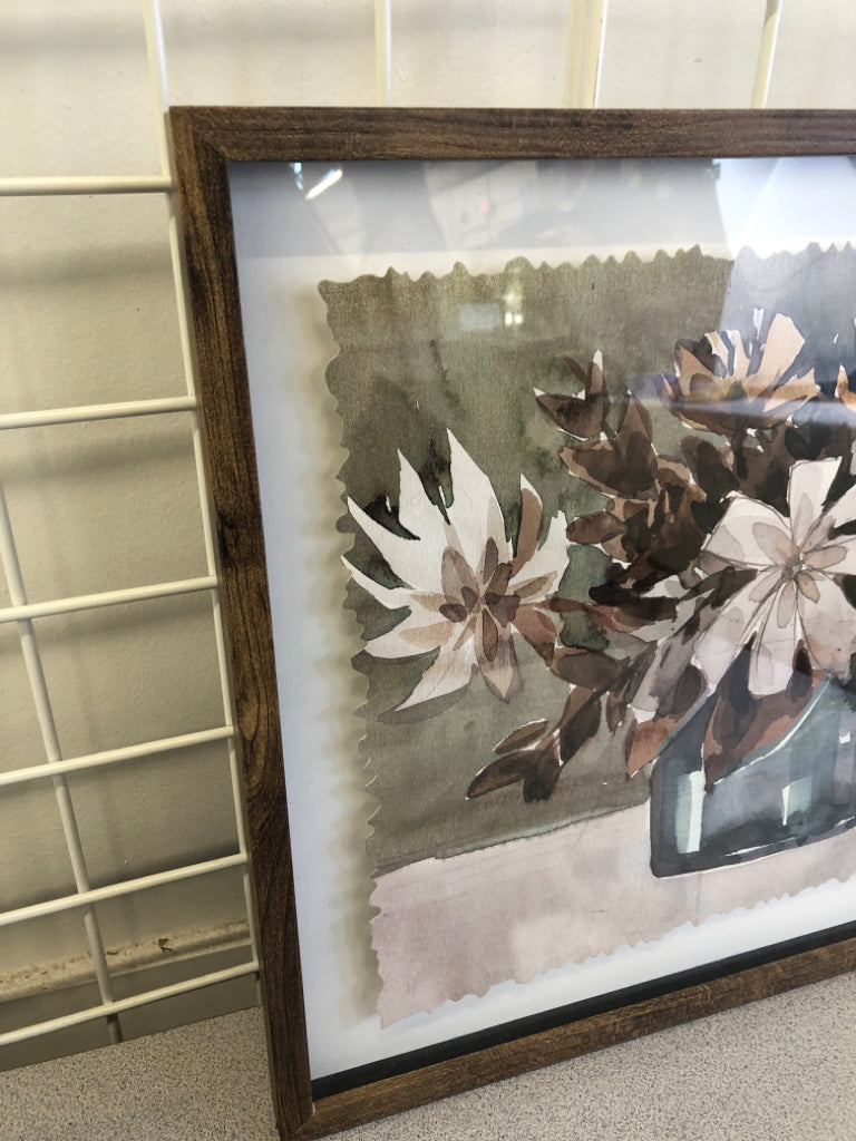 BROWN PAINTED BOUQUET, BLUE VASE IN WOOD FRAME.