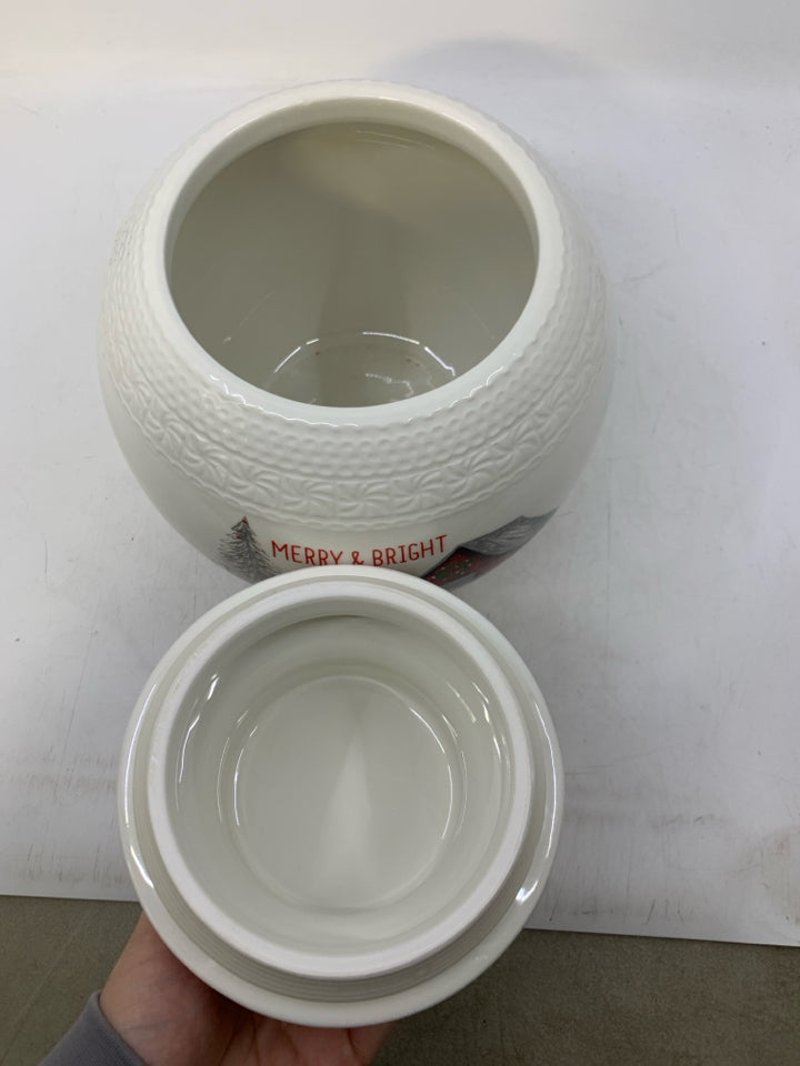 WHITE ORNAMENT SHAPED W/ RED BARN MERRY & BRIGHT.