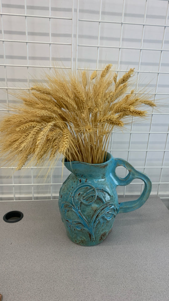 BLUE GLAZED POTTERY PITCHER W/WHEAT DECOR.