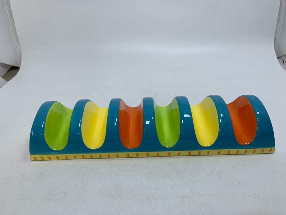 CERAMIC COLORFUL TACO SHELL HOLDER.