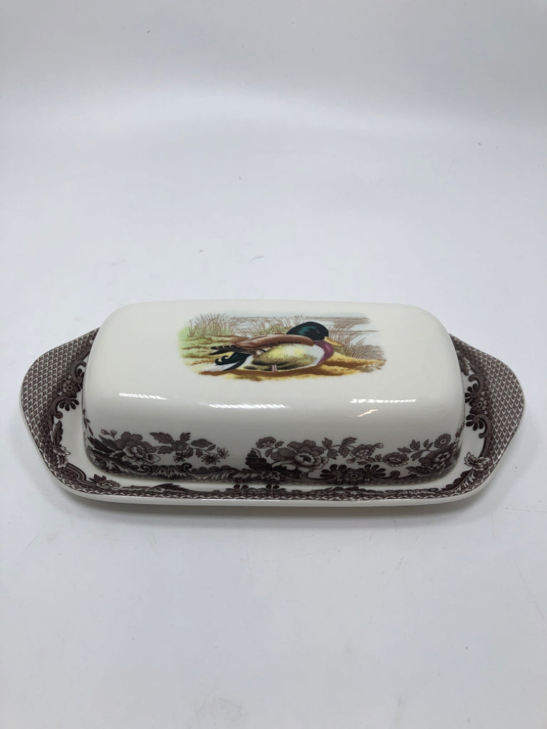 DUCK SPODE WOODLAND COVERED BUTTER DISH.