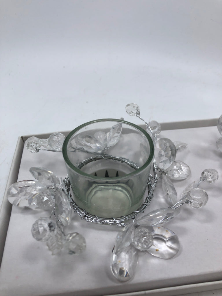 2 FLOWER GEM GLASS VOTIVE HOLDERS IN BOX.