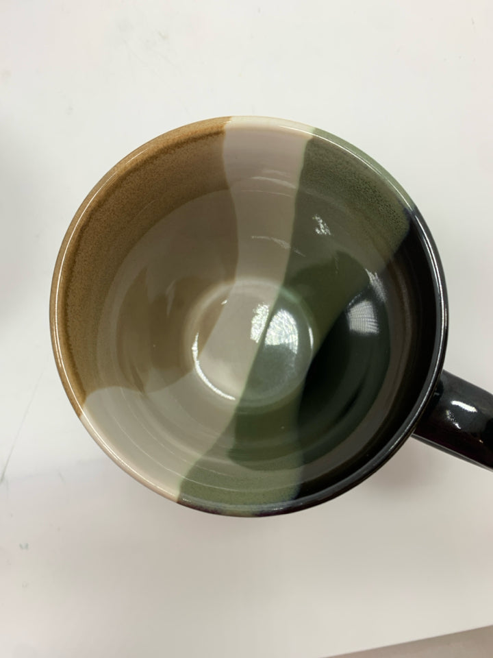 4 TAN/BLACK STRIPE COFFE MUGS.
